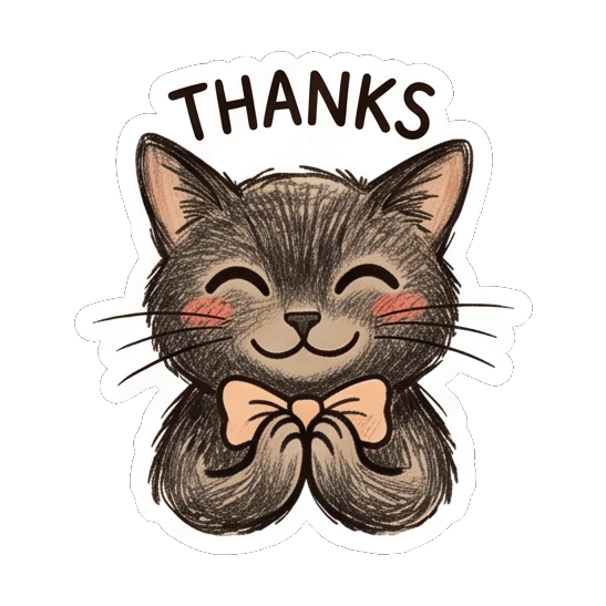 Happy black cat with hands together and THANKS text Charcoal Sketch Kitties sticker for expressive chats and social replies.