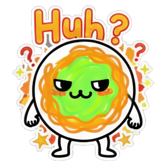 Spaghetti character looking suspicious with 'Huh?' text. Spaghetti Doodle Pals sticker for expressive chats and social replies.