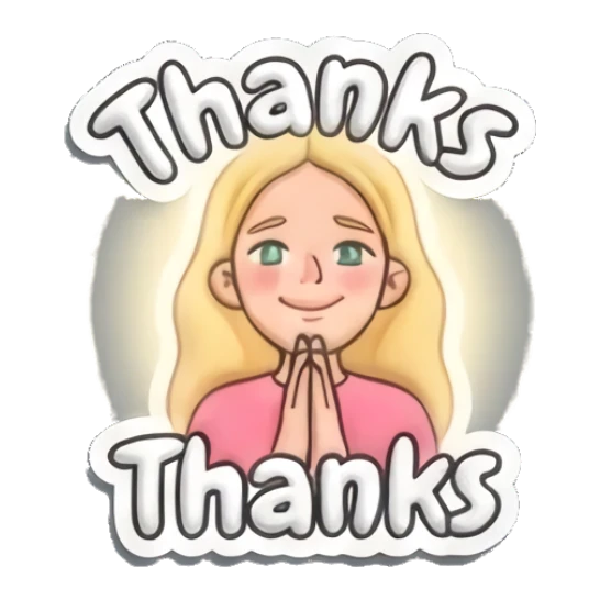 Blonde girl smiling with hands together and Thanks text Playful Blonde Girl Expressions sticker for expressive chats and social replies.