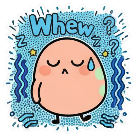 Exhausted egg character with 'Whew' text and Zzz symbols. Keith Haring Style Egg Expressions sticker for expressive chats and social replies.