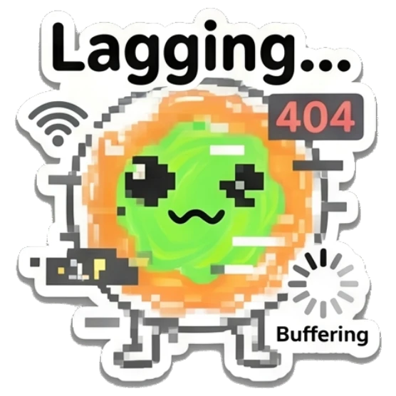 Glitchy spaghetti character with loading icon and 'Lagging... 404' text. Spaghetti Buddy Expressions sticker for expressive chats and social replies.