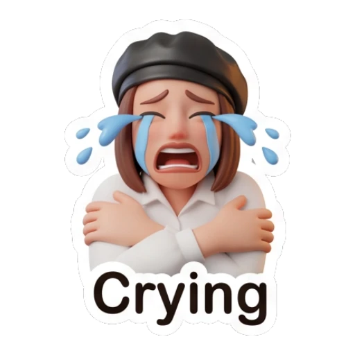 Sad girl in beret crying with blue tears, text Crying. Chic Beret Girl sticker for expressive chats and social replies.