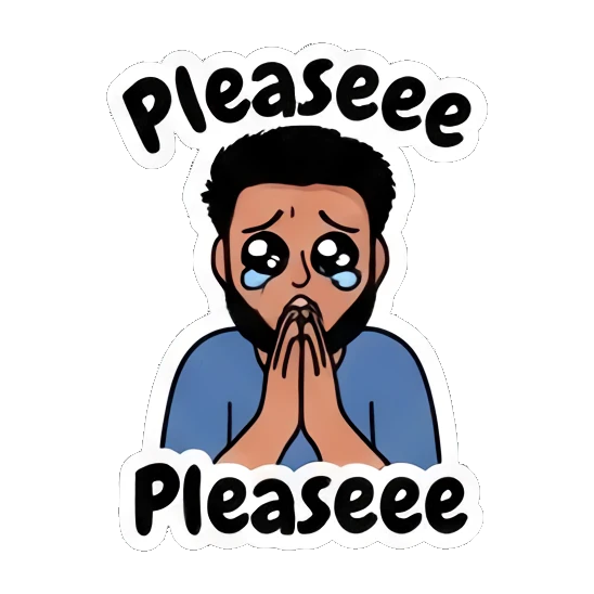 Pleading bearded man with teary eyes and hands together. Bearded Guy Daily Vibes sticker for expressive chats and social replies.
