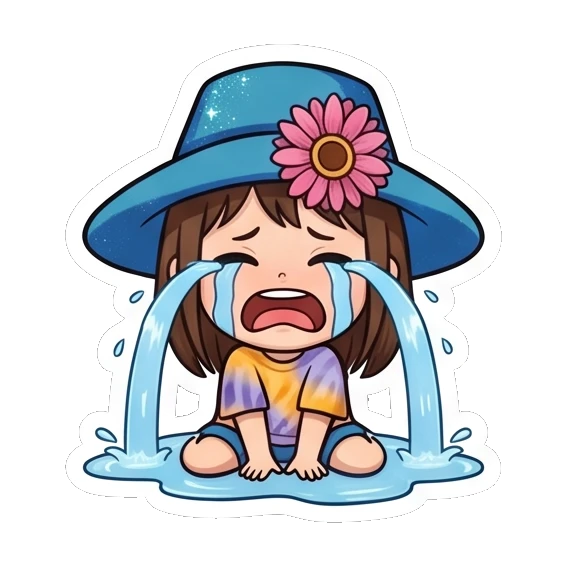 Girl in blue hat crying loudly with water fountain Summer Hat Girl Adventures sticker for expressive chats and social replies.