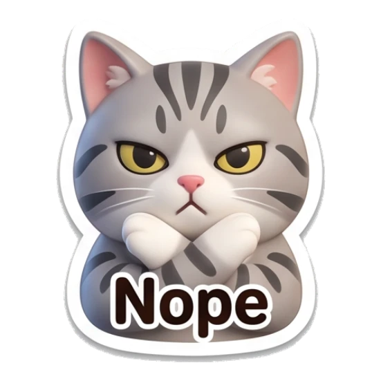 Disapproving grey cat with crossed arms and text Nope Cute Grey Tabby Daily sticker for expressive chats and social replies.