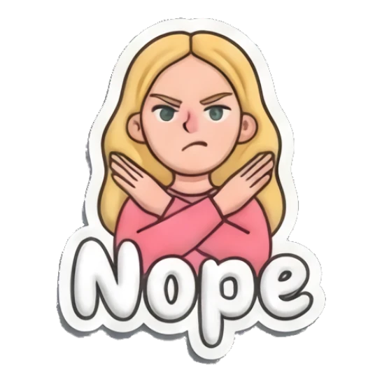 Blonde girl crossing arms in refusal with Nope text Playful Blonde Girl Expressions sticker for expressive chats and social replies.