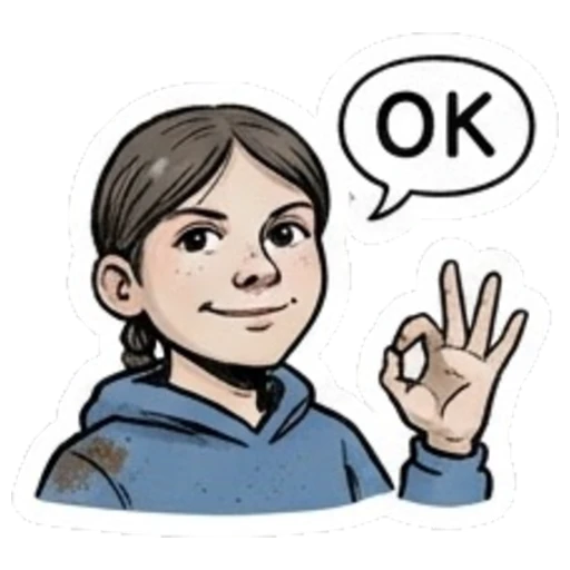 Girl in blue hoodie making OK gesture with text OK Daily Moods of a Girl sticker for expressive chats and social replies.