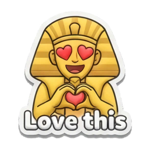 Pharaoh making a heart shape with hands and Love this text Golden Pharaoh Vibes sticker for expressive chats and social replies.