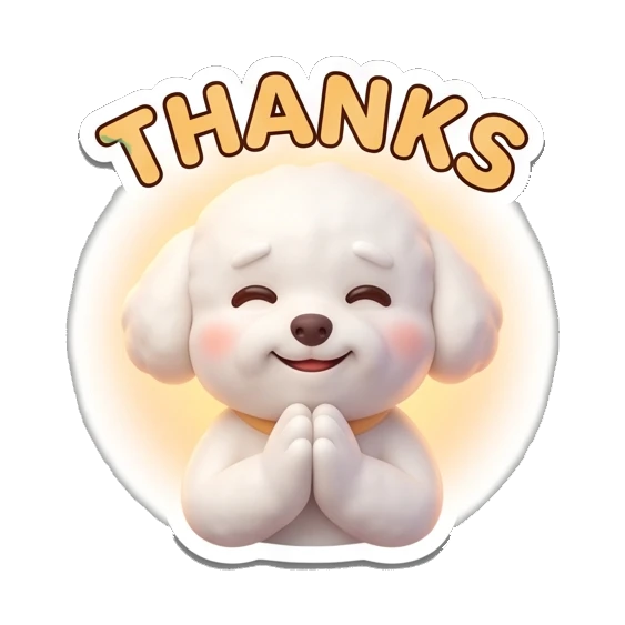 Bichon praying with gratitude, Thanks text Bichon Buddy Daily Vibes sticker for expressive chats and social replies.