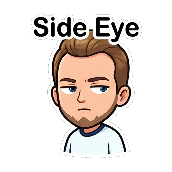 Bearded man giving a suspicious side-eye glance Cheerful Bearded Guy sticker for expressive chats and social replies.