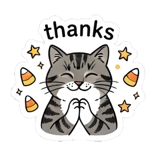 Grateful tabby cat with candy corn, text thanks Spooky Tabby Cat Adventures sticker for expressive chats and social replies.