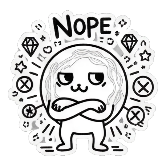 Round doodle character looking skeptical with arms crossed and 'NOPE' text. Doodle Doodle Expressions sticker for expressive chats and social replies.
