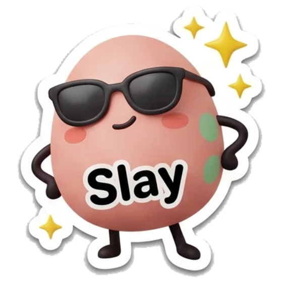 Pink egg wearing sunglasses looking cool with text Slay Pink Egg Moods sticker for expressive chats and social replies.