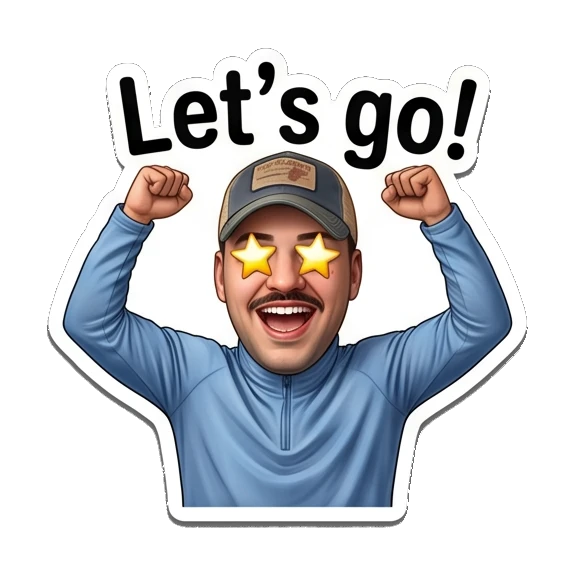 Man with mustache in cap cheering with star eyes Mustache Guy Daily Vibes sticker for expressive chats and social replies.