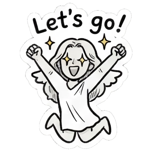 Angel girl jumping with excitement and star eyes. Little Angel Doodle Diary sticker for expressive chats and social replies.