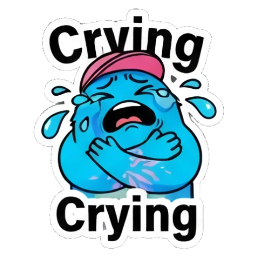 Blue blob character crying loudly with text Crying. Blue Blob Vibes sticker for expressive chats and social replies.