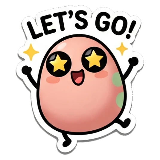 Pink egg with star eyes jumping excitedly and text LET'S GO Pinky Egg Expressions sticker for expressive chats and social replies.
