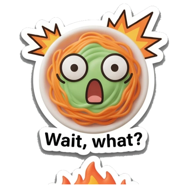 Spaghetti bowl with wide eyes and 'Wait, what?' text, shocked expression. Spaghetti Moods sticker for expressive chats and social replies.