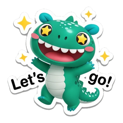 Teal dino jumping excitedly with stars and Let's go! text. Teal Dino Daily Moods sticker for expressive chats and social replies.