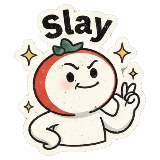 Confident tomato character posing with sparkles and text Slay Retro Tomato Moods sticker for expressive chats and social replies.
