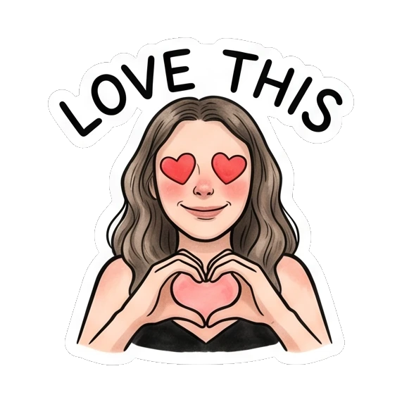 Loving girl making heart shape with hands, text LOVE THIS Daily Moods of a Girl sticker for expressive chats and social replies.