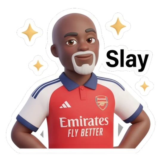 Man standing confidently with hands on hips with text Slay Arsenal Fan Emotions sticker for expressive chats and social replies.