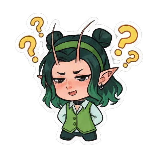 Girl looking confused with question marks floating around Green Mantis Girl Adventures sticker for expressive chats and social replies.