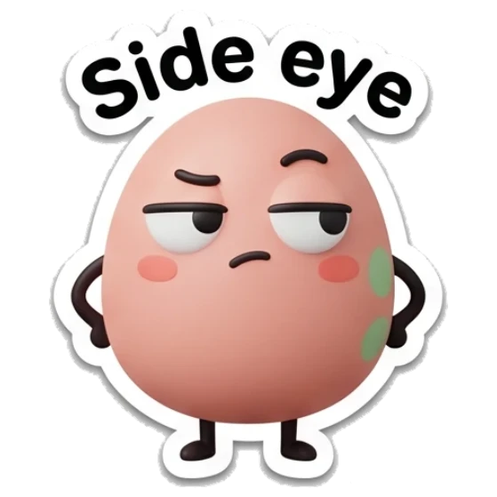 Pink egg giving a side-eye look with text Side eye Pink Egg Moods sticker for expressive chats and social replies.