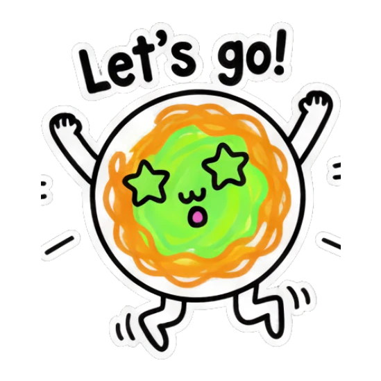 Noodle character jumping with joy and text 'Let's go!' Scribble Noodle Pals sticker for expressive chats and social replies.