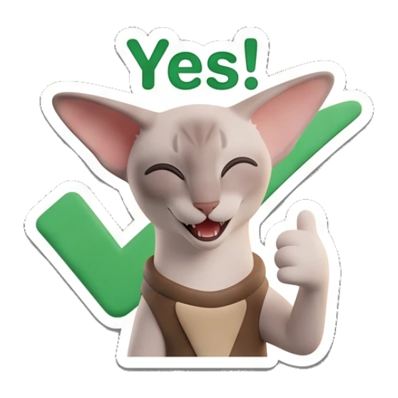 Sphynx cat giving a thumbs up with a checkmark and text Yes! Sphynx Cat Moods sticker for expressive chats and social replies.