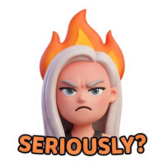 Blonde girl with a flame over her head looking angry. Blonde Girl Daily Vibes sticker for expressive chats and social replies.