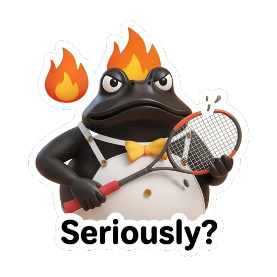 Angry frog with flames on head holding a tennis racket, text Seriously? Fancy Frog Sports Club sticker for expressive chats and social replies.