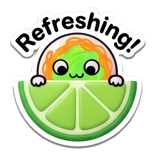 Citrus character peeking over a large lime slice with text Refreshing! Citrus Buddy Adventures sticker for expressive chats and social replies.