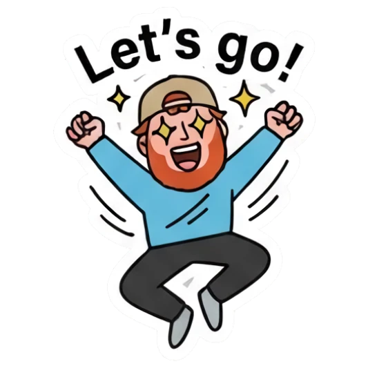 Bearded man jumping with excitement saying lets go Bearded Guy Daily Vibes sticker for expressive chats and social replies.