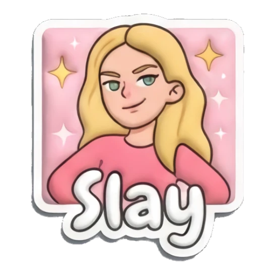 Blonde girl posing confidently with sparkles and Slay text Playful Blonde Girl Expressions sticker for expressive chats and social replies.
