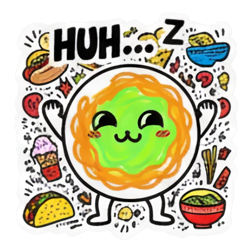 Circular food character sleeping with 'HUH...Z' text Doodle Foodie Vibes sticker for expressive chats and social replies.