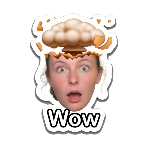 Young woman with an exploding head effect, text 'Wow' Daily Life of a Girl sticker for expressive chats and social replies.