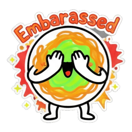 Spaghetti character covering eyes and smiling with 'Embarassed' text. Spaghetti Doodle Pals sticker for expressive chats and social replies.