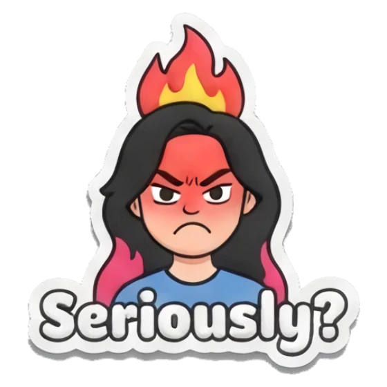 Girl with fire above head, angry, text Seriously? Puffy Girl Daily Vibes sticker for expressive chats and social replies.