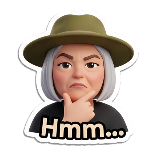Explorer lady thinking with hand on chin with text Hmm Adventurous Explorer Lady sticker for expressive chats and social replies.
