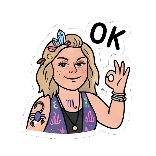 Boho girl making OK hand gesture with crystals, happy expression Festival Boho Girl sticker for expressive chats and social replies.