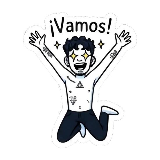 Excited boy jumping with star eyes and '¡Vamos!' text. Curly Haired Boy Daily Vibes sticker for expressive chats and social replies.