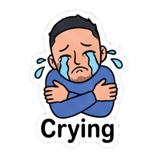 Young man crying with arms crossed, sad expression. Daily Vibe Guy sticker for expressive chats and social replies.