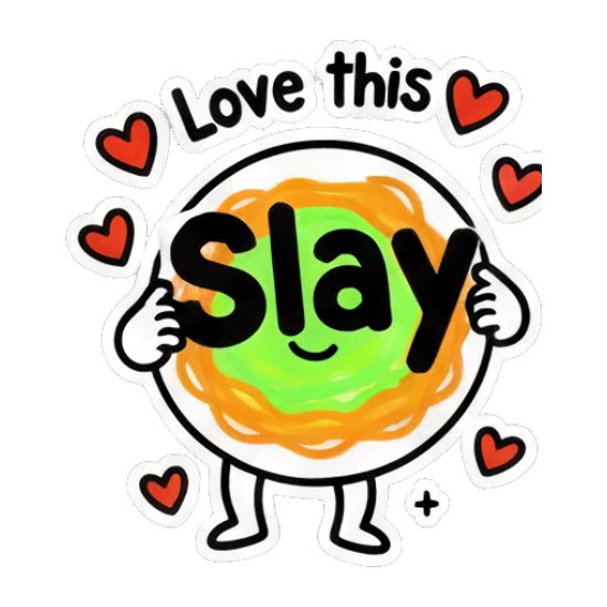 Noodle character feeling confident with text 'Slay' Scribble Noodle Pals sticker for expressive chats and social replies.