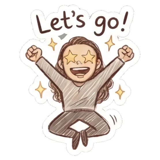 Excited man jumping with star eyes, text 'Let's go!' Cool Long-Haired Guy Vibes sticker for expressive chats and social replies.