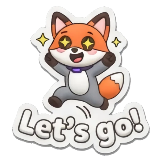 Energetic fox jumping with star eyes saying Let's go. Hero Fox Puff sticker for expressive chats and social replies.