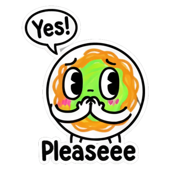 Noodle character pleading with hands together and text 'Pleaseee' Scribble Noodle Pals sticker for expressive chats and social replies.