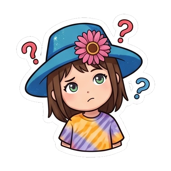 Girl in blue hat looking confused with question marks Summer Hat Girl Adventures sticker for expressive chats and social replies.