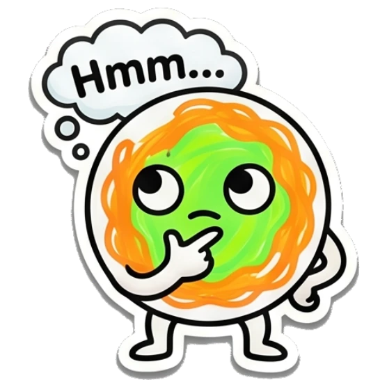 Thinking spaghetti character with a finger on chin and 'Hmm...' text. Spaghetti Buddy Expressions sticker for expressive chats and social replies.
