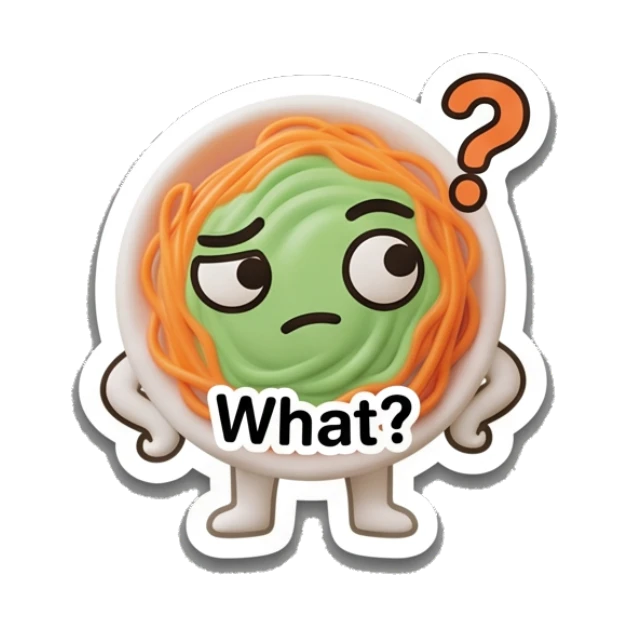 Spaghetti bowl with a question mark and 'What?' text, confused. Spaghetti Moods sticker for expressive chats and social replies.